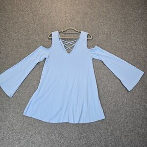 Hailey & Co. Tunic Top Womens Large Blue Bell Sleeve Criss Cross Lattice V Neck